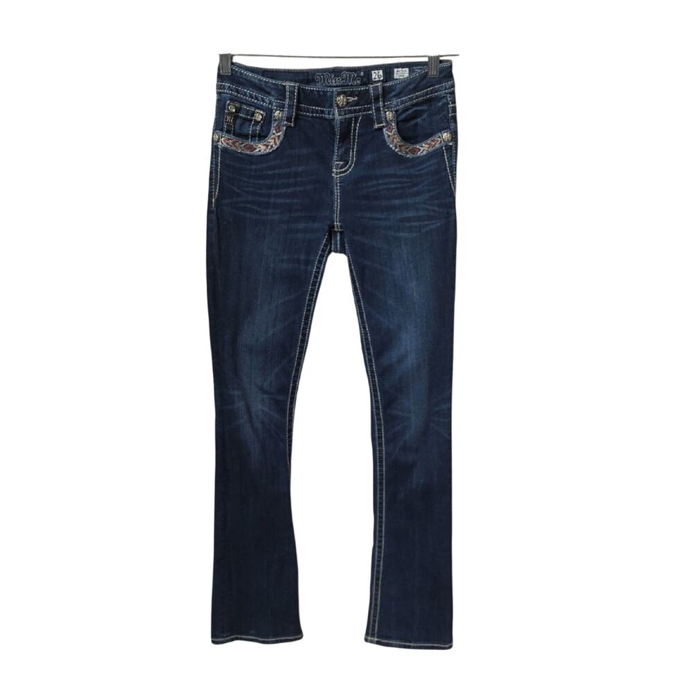 Miss Me Mid Rise Bootcut Blue Embroidered Pocket Jeans Womens Waist Size 26
